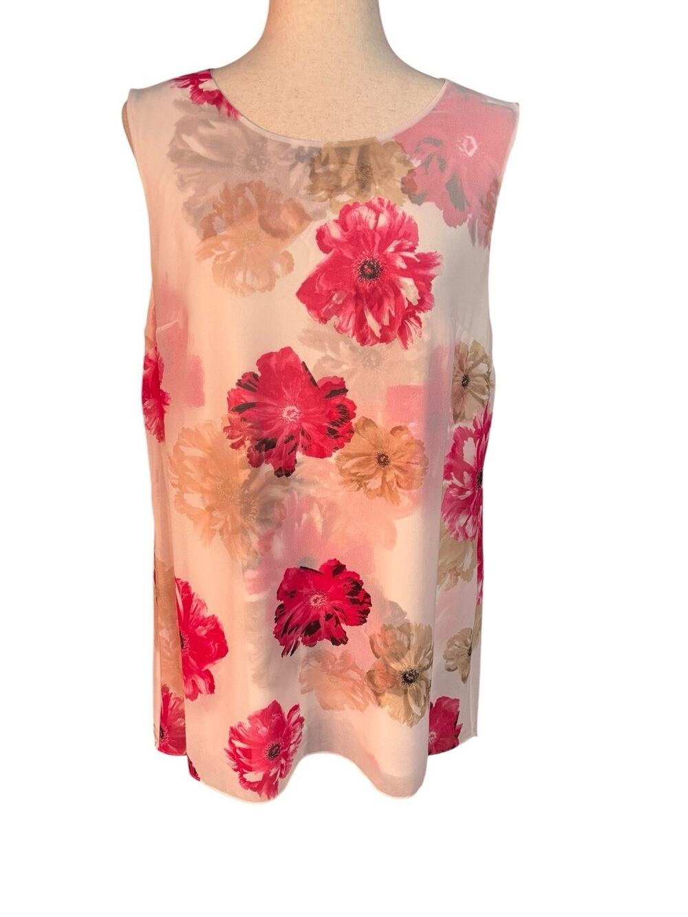 CALVIN KLEIN White/Pink/Taupe Floral Sheer Lined Sleeveless Tunic Top SZ Large